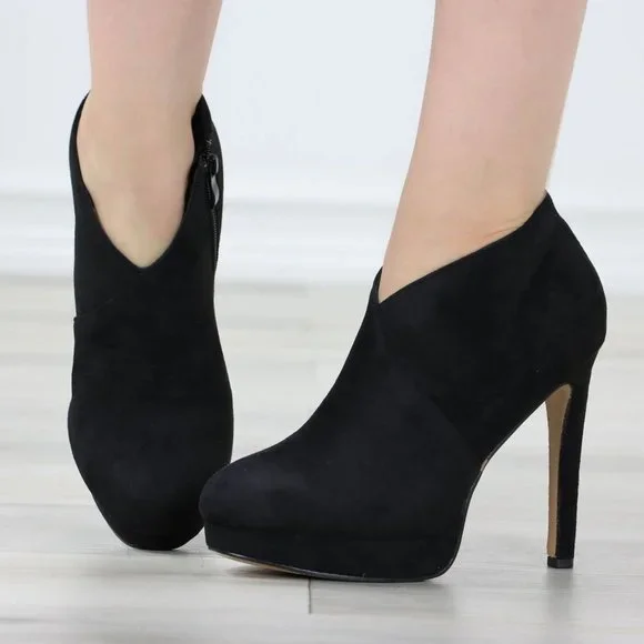 Black High Heel Platform Ankle Boots Stilettos Faux Suede - Picture 12 of 12